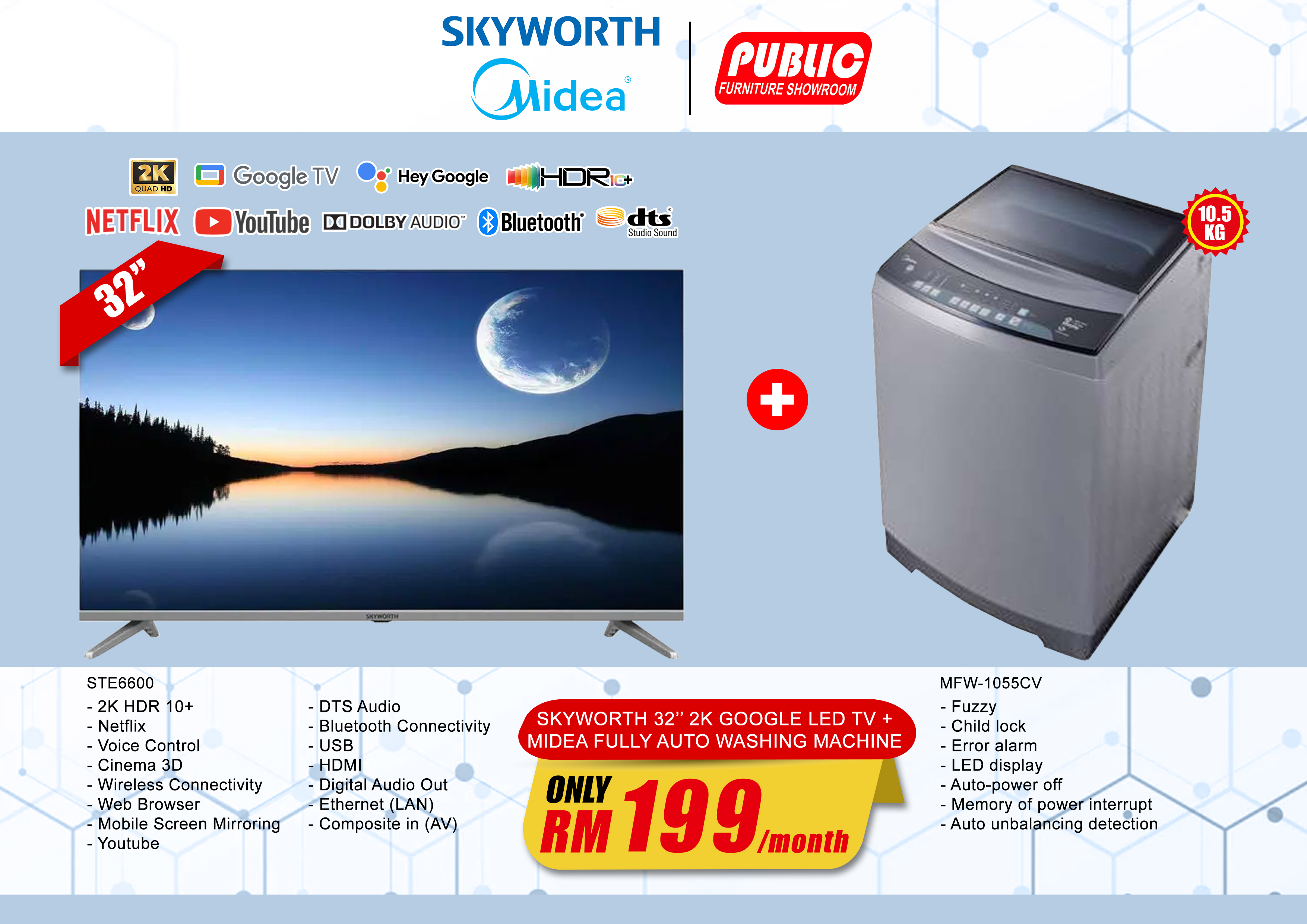 SKYWORTH 32" 2K GOOGLE LED TV + MIDEA FULLY AUTO 10.5KG WASHING